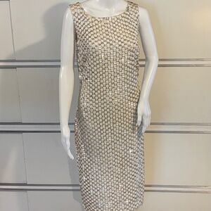 Badgley Mischka Midi Cocktail Dress Ivory/Silver Sz 12 Sleeveless